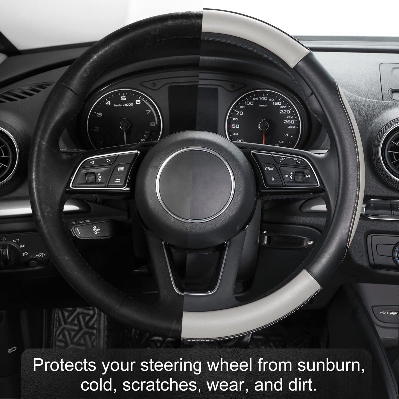 SEG Direct Car Steering Wheel Cover Large Size for F150 F250 F350 Ram 4Runner Tacoma Tundra Range Rover with 15 1/2 inches-16 inches Outer Diameter, Black and Gray Microfiber Leather - Image 4